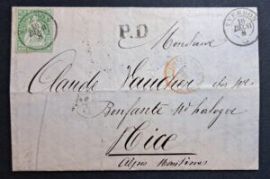 26G / 25B4 auf Faltbrief Yverdon nach Nice 1861