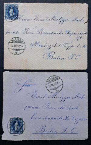 2x SBK 73D auf 2 Briefen Herisau nach Berlin 1899