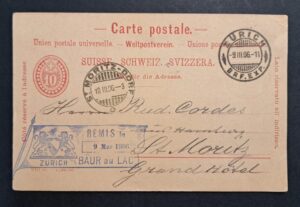 Carte Postale von Zürich mit Baur au Lac Hotelstempel, 1906