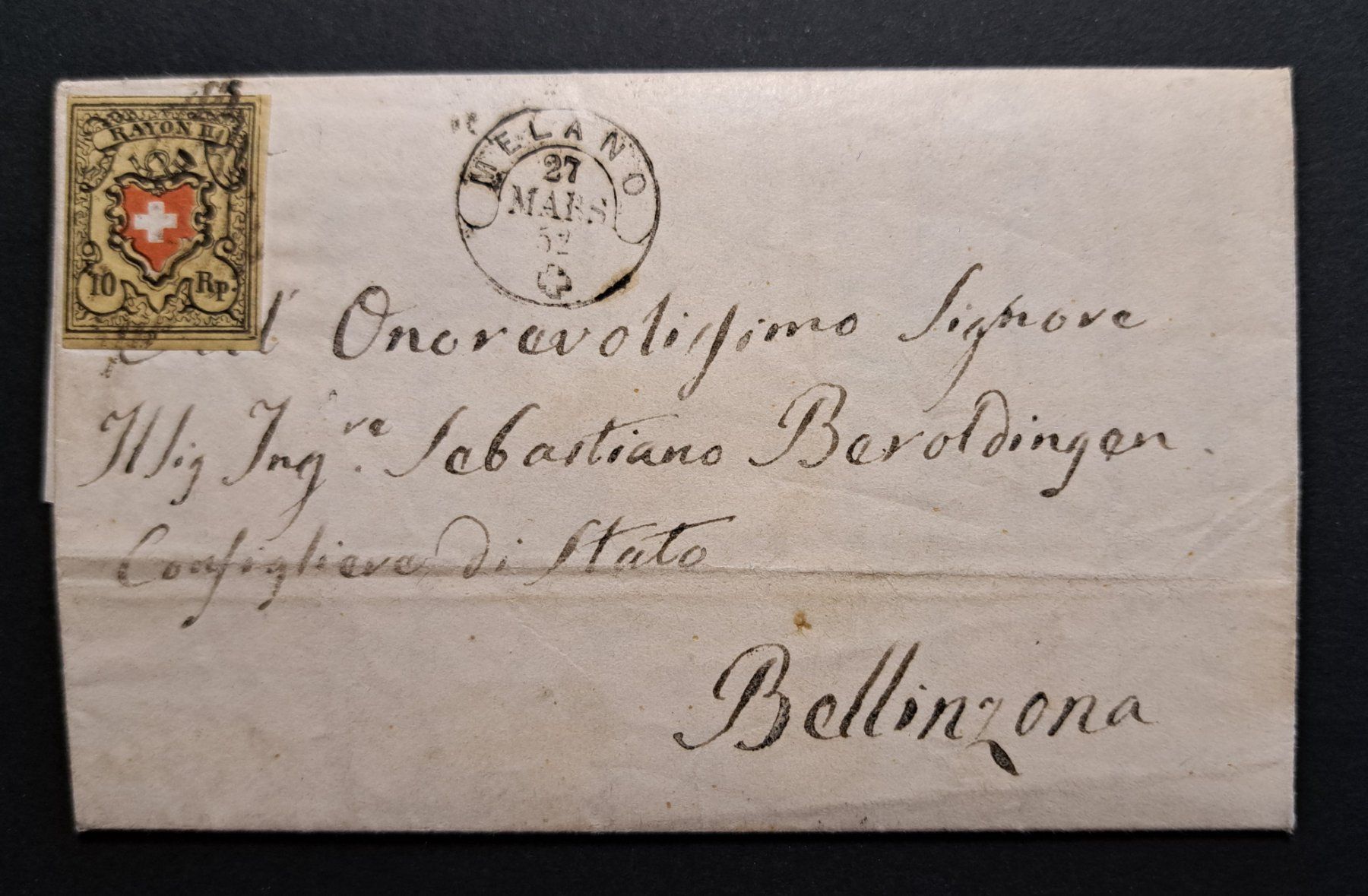 Rayon II T40 A2/RO auf Faltbrief von Melano nach Bellinzona