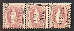 2x Dreierstreifen Stehende Helvetia SBK 71A mit Bahnstempel Chiavenna